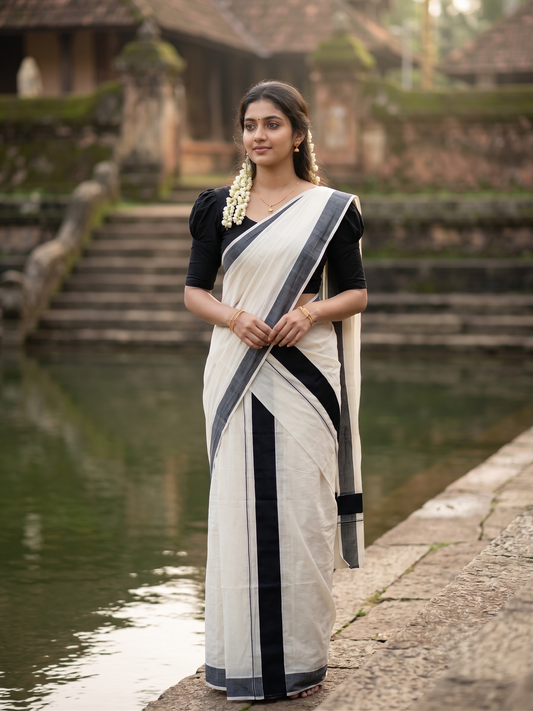 Southloom Kerala Cotton Mundum Neriyathum Single (Set Mundu) with Black Border 2.80 Mtrs