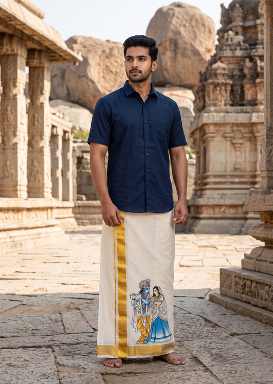 Southloom Kerala Cotton Mural Digital Printed Double Mundu (South Indian Kerala Dhoti) SL567