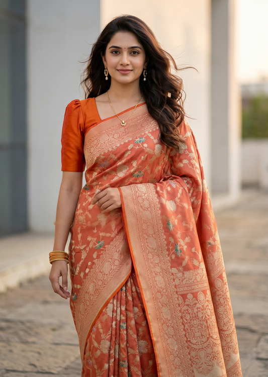 Southloom Pure Banarasi Silk Saree with Woven Work on Body and Borders (Orange)