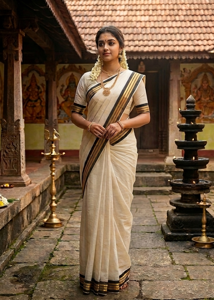 Kerala Cotton Golden Kasavu With Violet Border Saree SL445