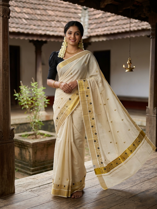 Southloom Kerala Tissue Kasavu Saree with Golden and Black  Embroidery Work on Body
