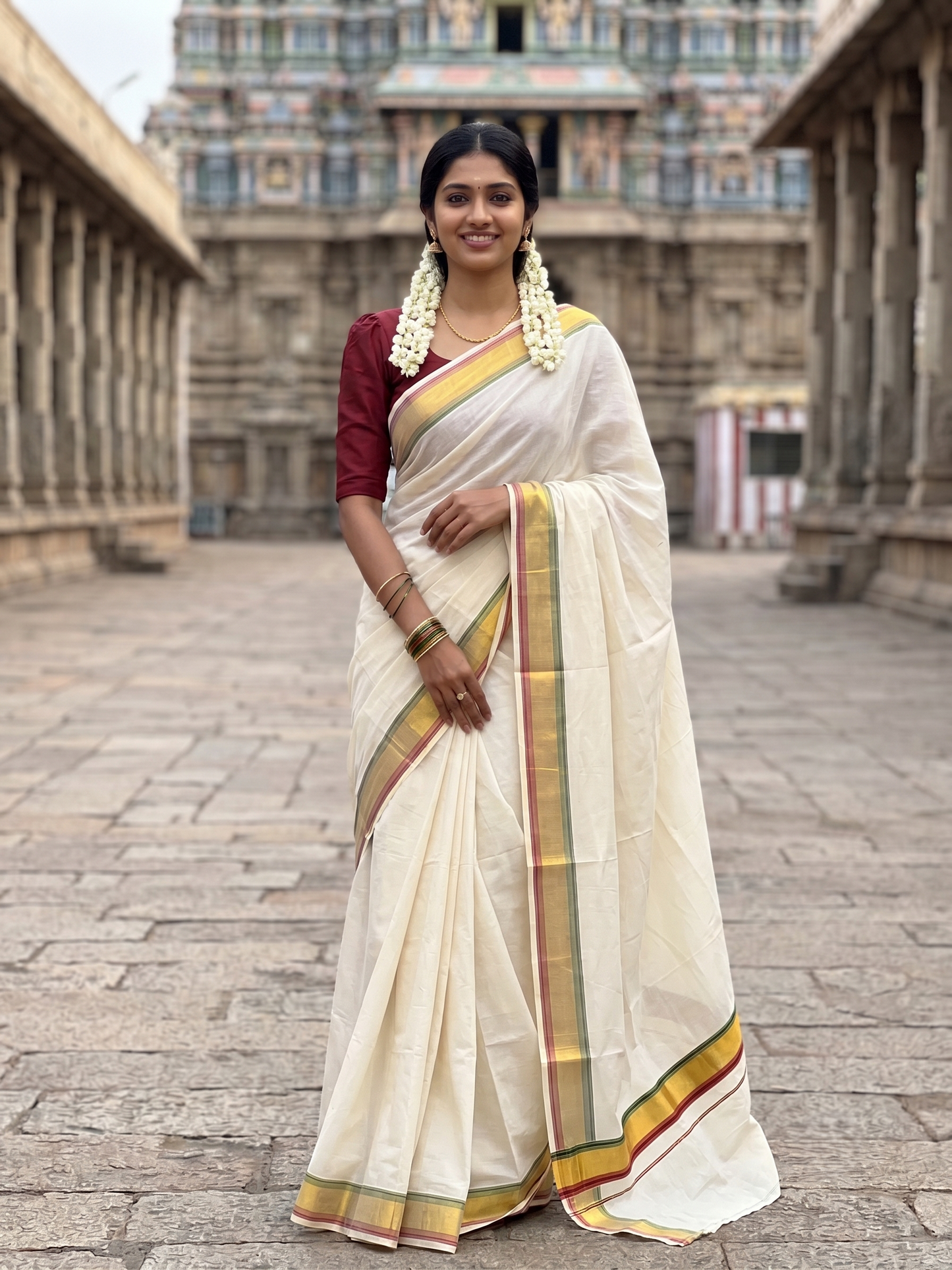 Southloom Kerala Cotton Kasavu Saree with Dark Green And Maroon Border