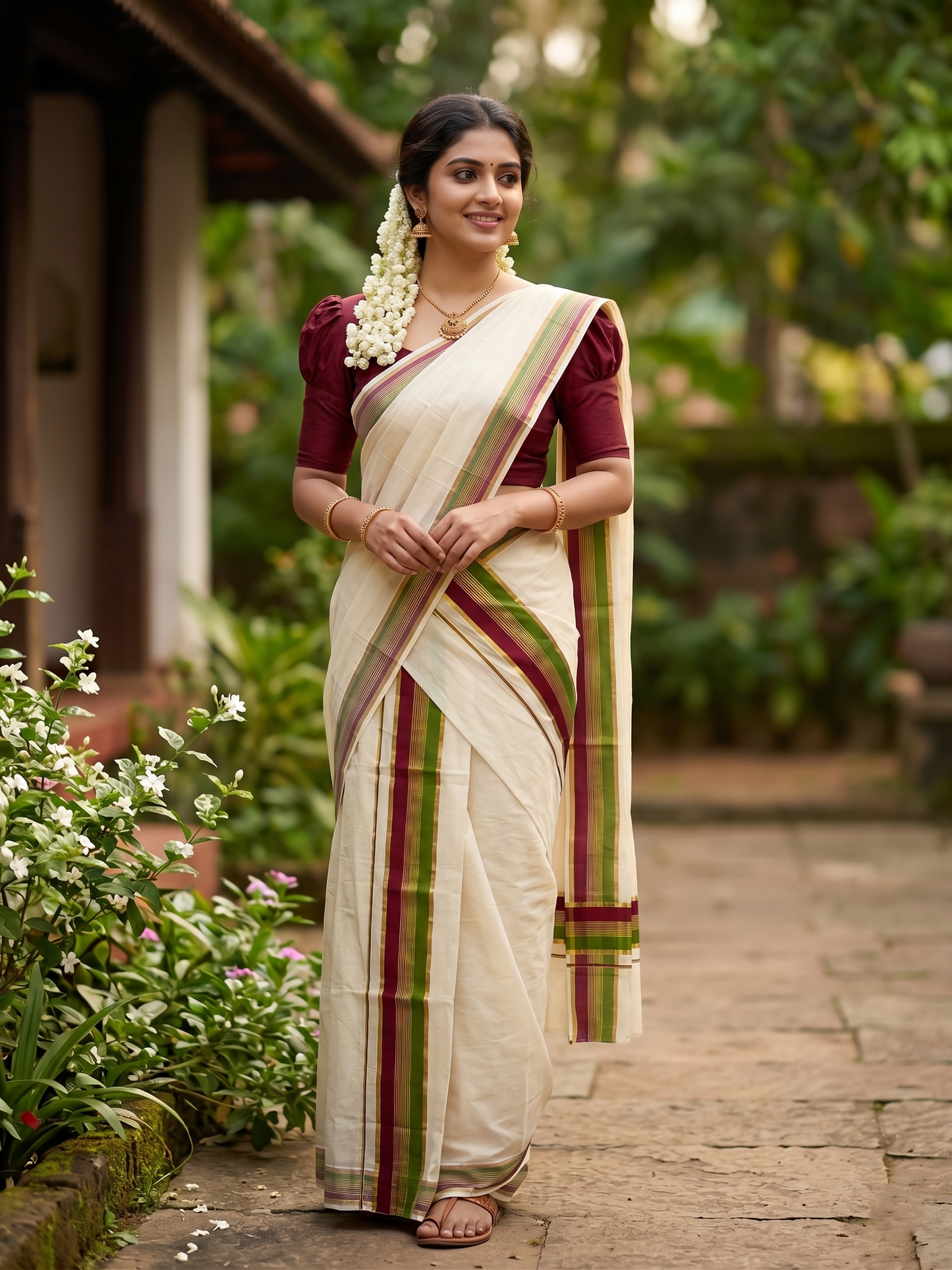 Southloom Kerala Cotton Kasavu Single Set Mundu (Mundum Neriyathum) with Maroon and Olive Green Kasavu Border SLKK