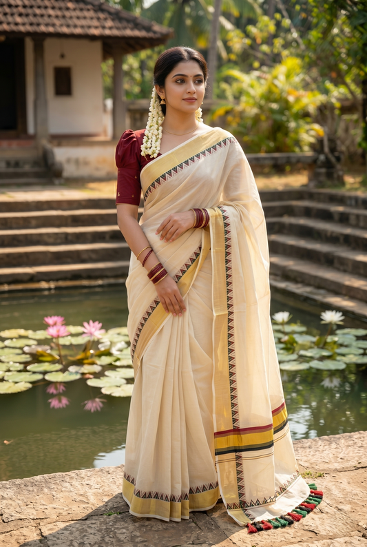 Southloom Kerala Tissue Kasavu Saree With Black & Maroon Temple Woven Works on Border With Tussles SL433