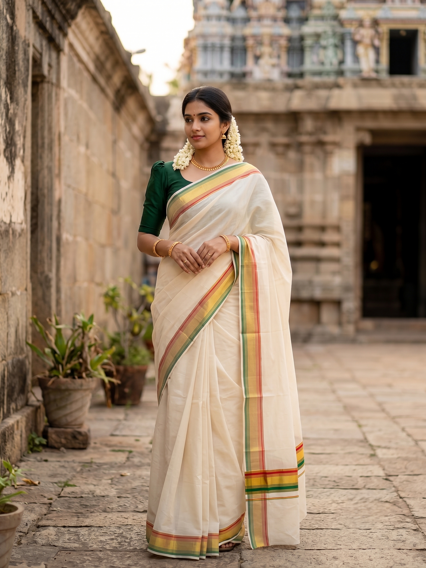 Southloom Kerala Cotton Kasavu Saree with Green And Orange Border