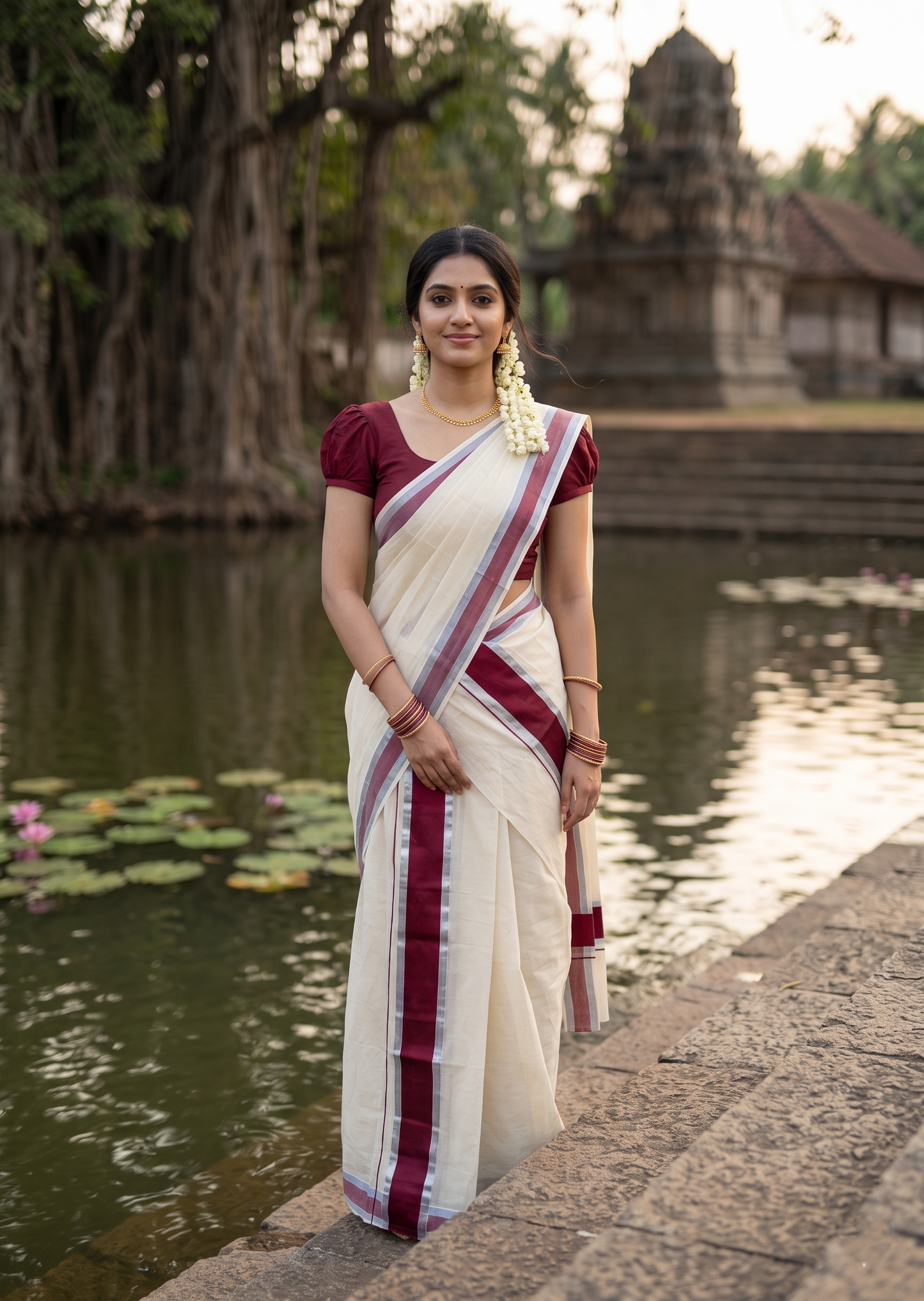 Kerala Cotton Mundum Neriyathum Single (Set Mundu) with Silver Kasavu and Maroon Border 2.80 Mtrs   SLKK SL470