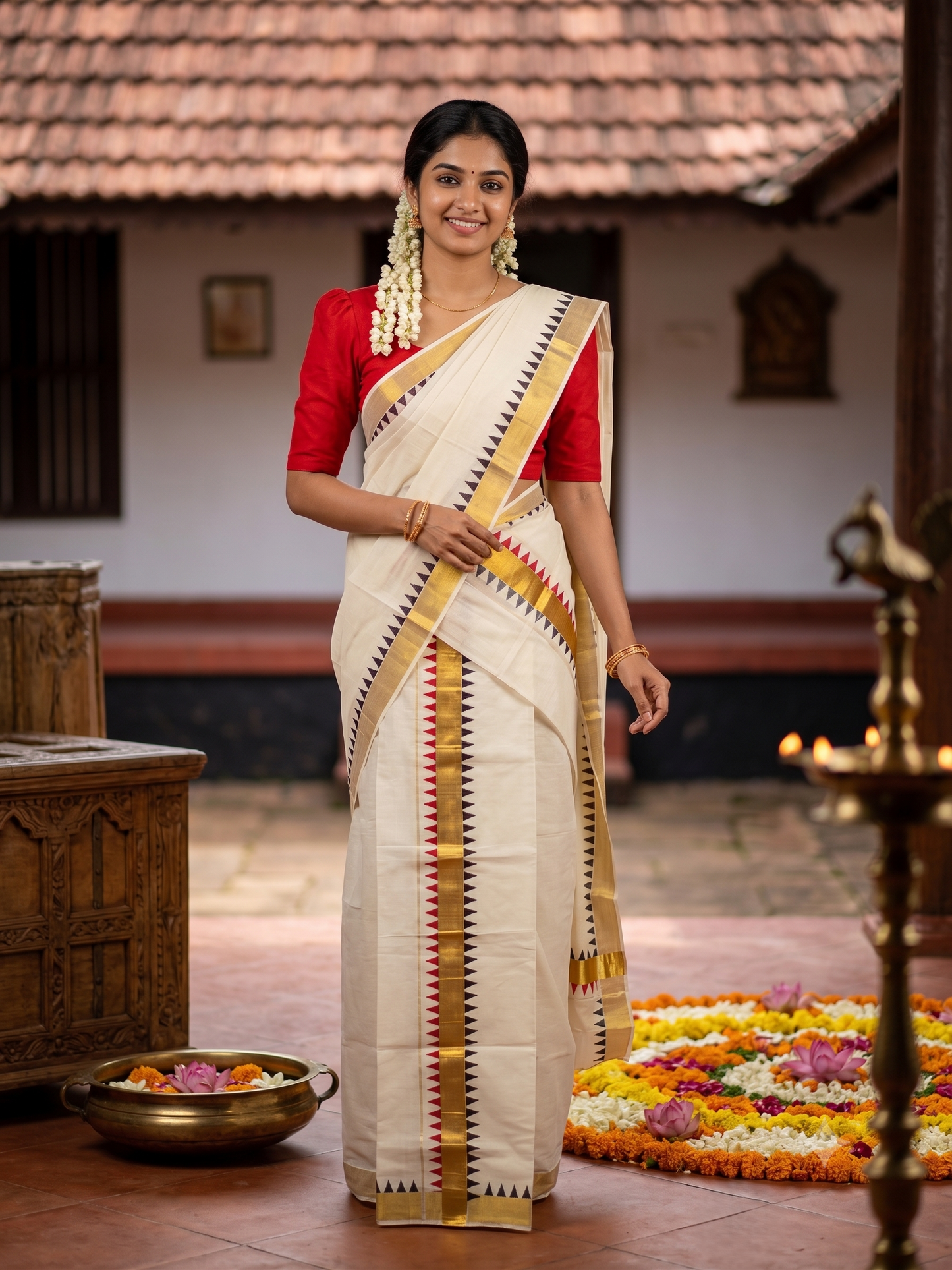 Southloom Kerala Cotton Kasavu Single Set Mundu (Mundum Neriyathum) with Black And Red Temple Design Border SLKK