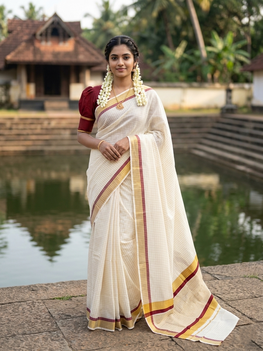 Southloom Kerala Pure Cotton Saree with Stripes on Body and Borders in Maroon
