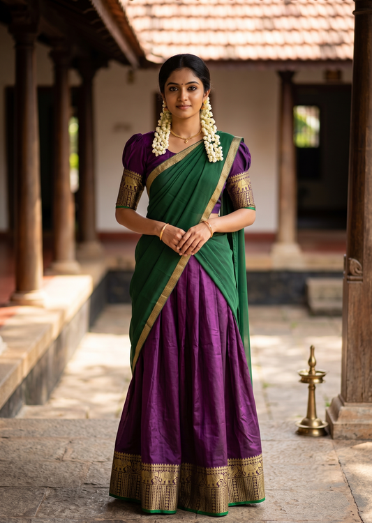 Southloom Semi Stitched Narayanpet Dhavani Set with Pavada and Purple Blouse Piece SLDHAVANI SL541