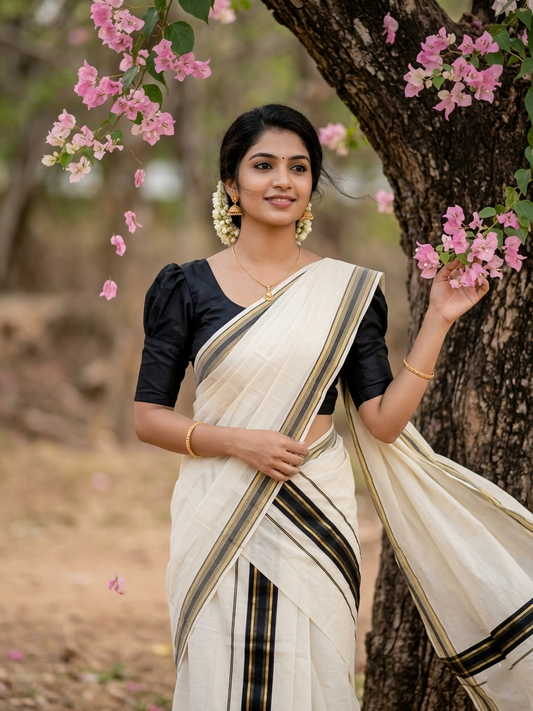 Pure Cotton Kerala Set Mundu (Mundum Neriyathum) with Black Kasavu Border(2.80Mtr)