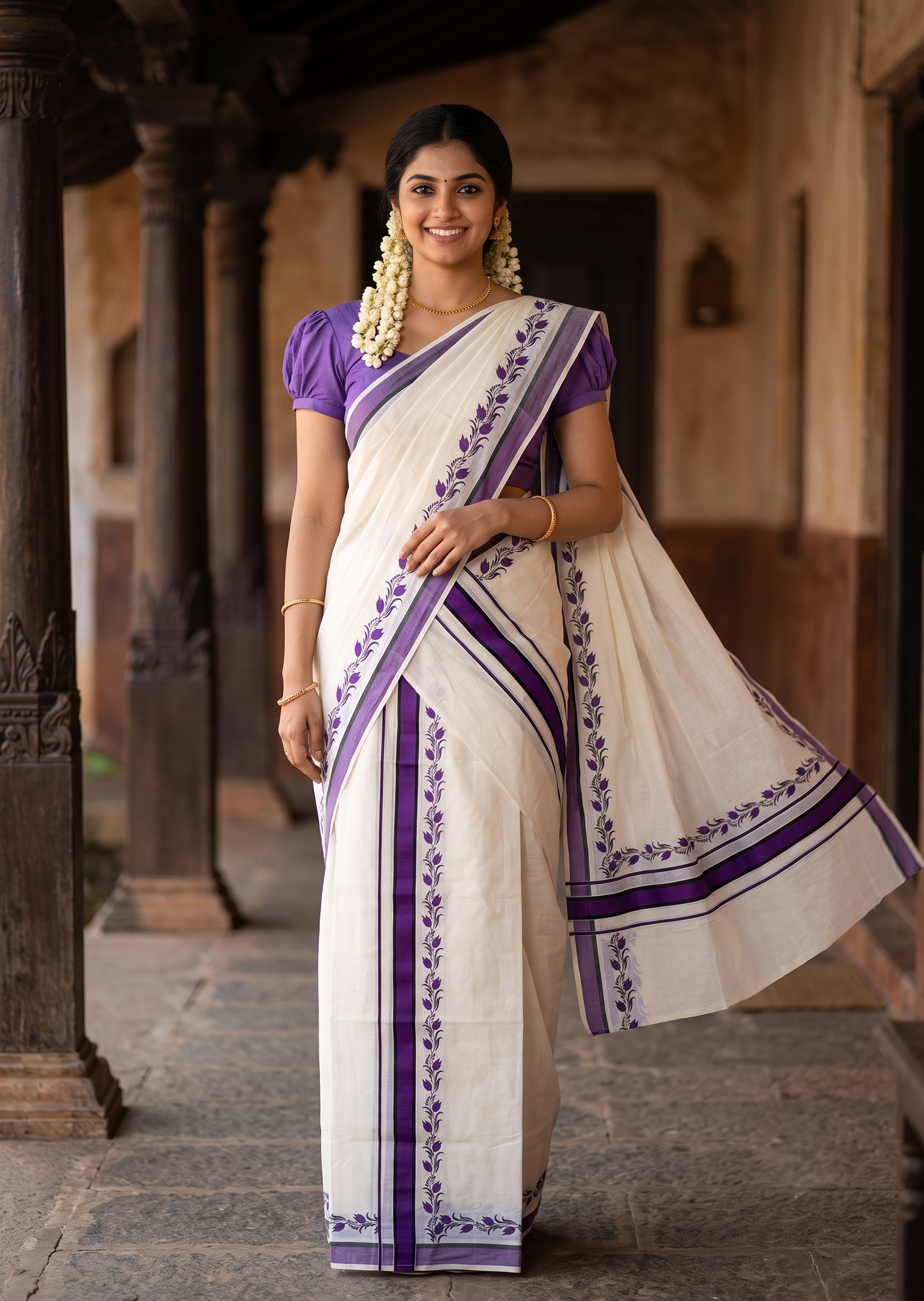 Southloom Pure Cotton Kerala Single Set Mundu (Mundum Neriyathum) with Digital Prints in Violet  2.75 Mtrs SL538