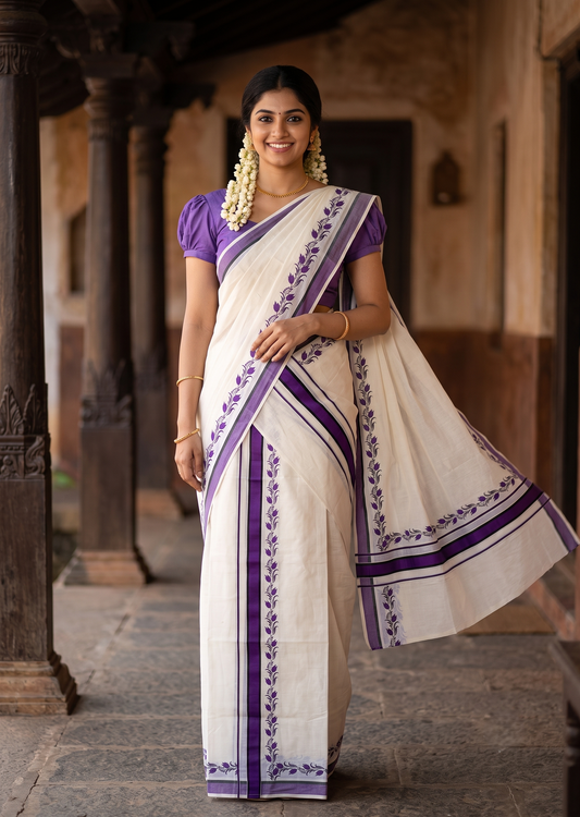 Southloom Pure Cotton Kerala Single Set Mundu (Mundum Neriyathum) with Digital Prints in Violet 2.75 Mtrs SL538