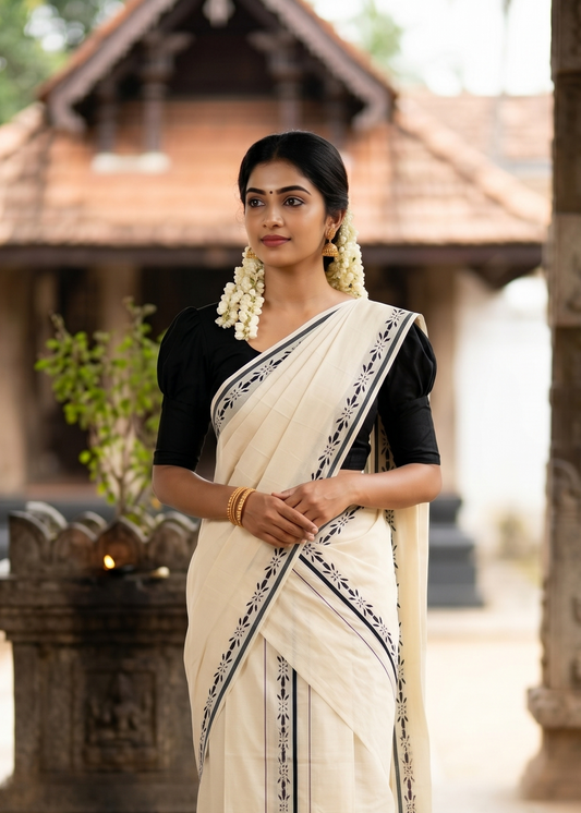 Southloom Pure Cotton Kerala Single Set Mundu (Mundum Neriyathum) with Digital Prints in Black 2.80 Mtrs SL359