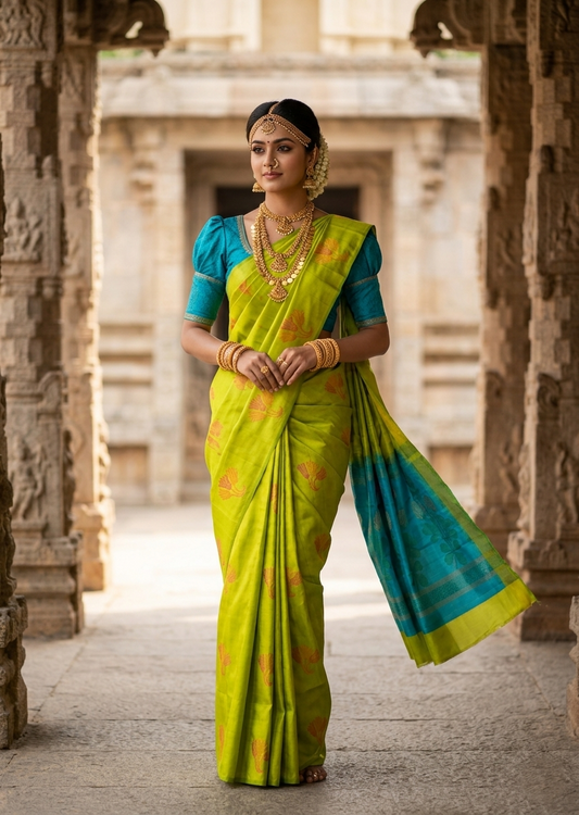 Southloom Pure Handloom Bridal Kanchipuram Silk Saree with Korvai Work (Green & Blue)