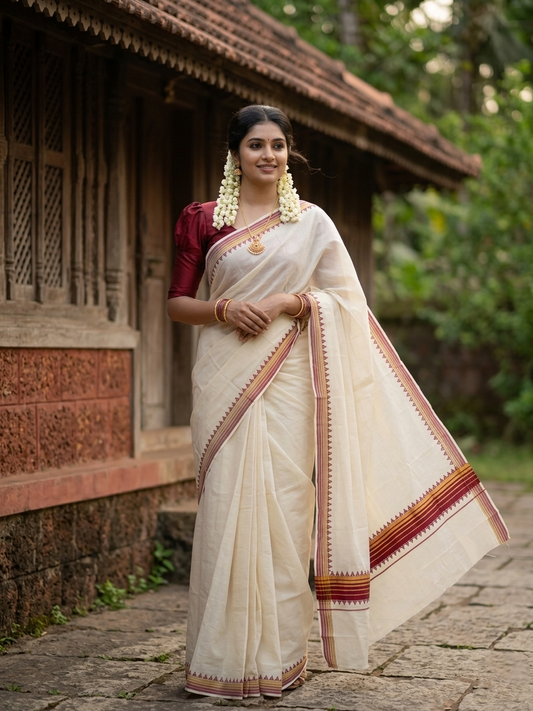 Southloom Cotton Kerala Kasavu Saree with Temple Design Border in Maroon
