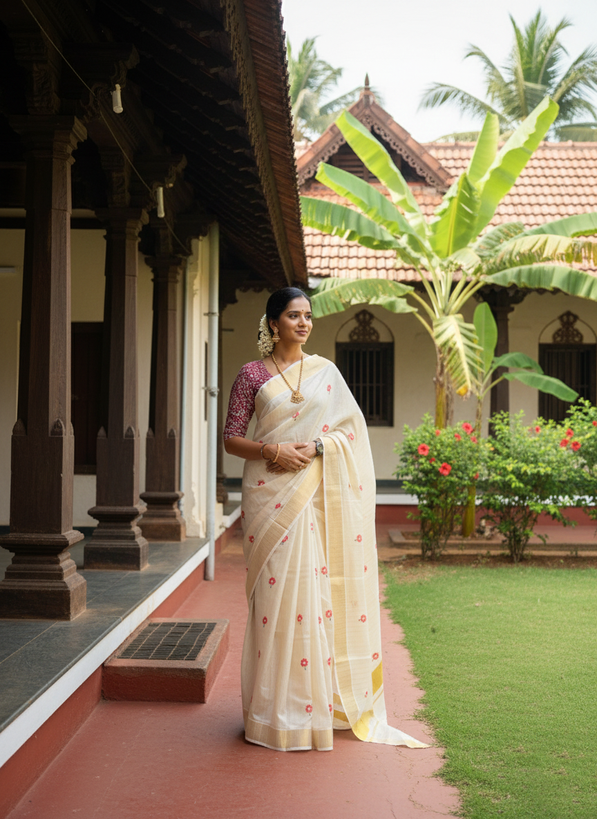 Southloom Tissue Kerala Kasavu Stripes Saree with Pink Floral Embroidery Design