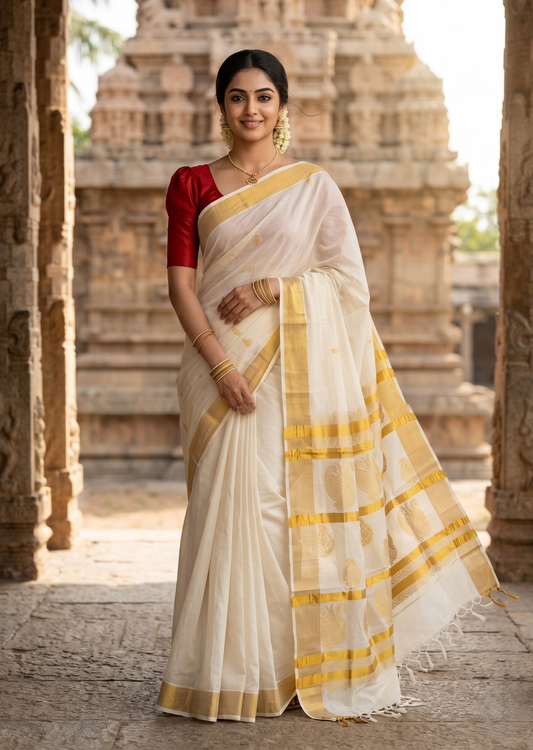 Southloom Kerala Cotton Replica Saree With Butta Work on Body SL488
