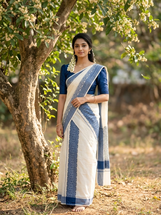 Kerala Cotton Single Set Mundu (Mundum Neriyathum) with Blue Block print Border 2.80Mtrs