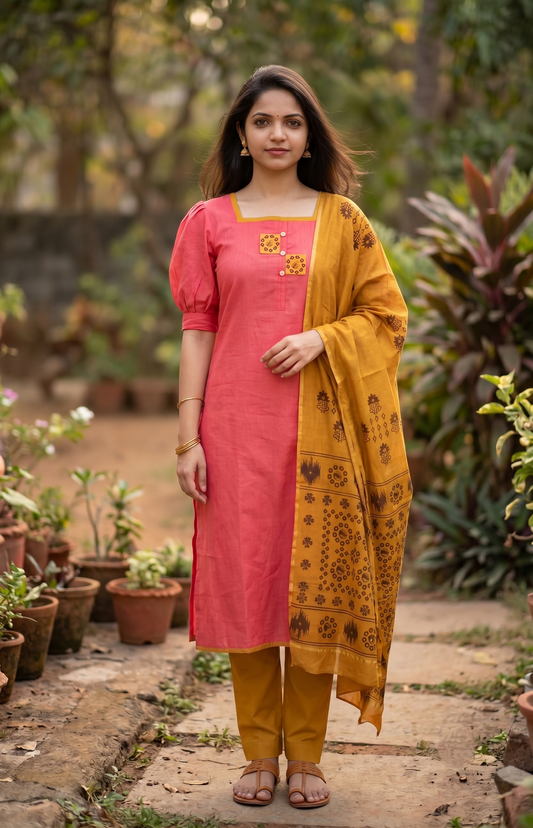Southloom™ Cotton  3 Piece peach Salwar Material with Woven  Work