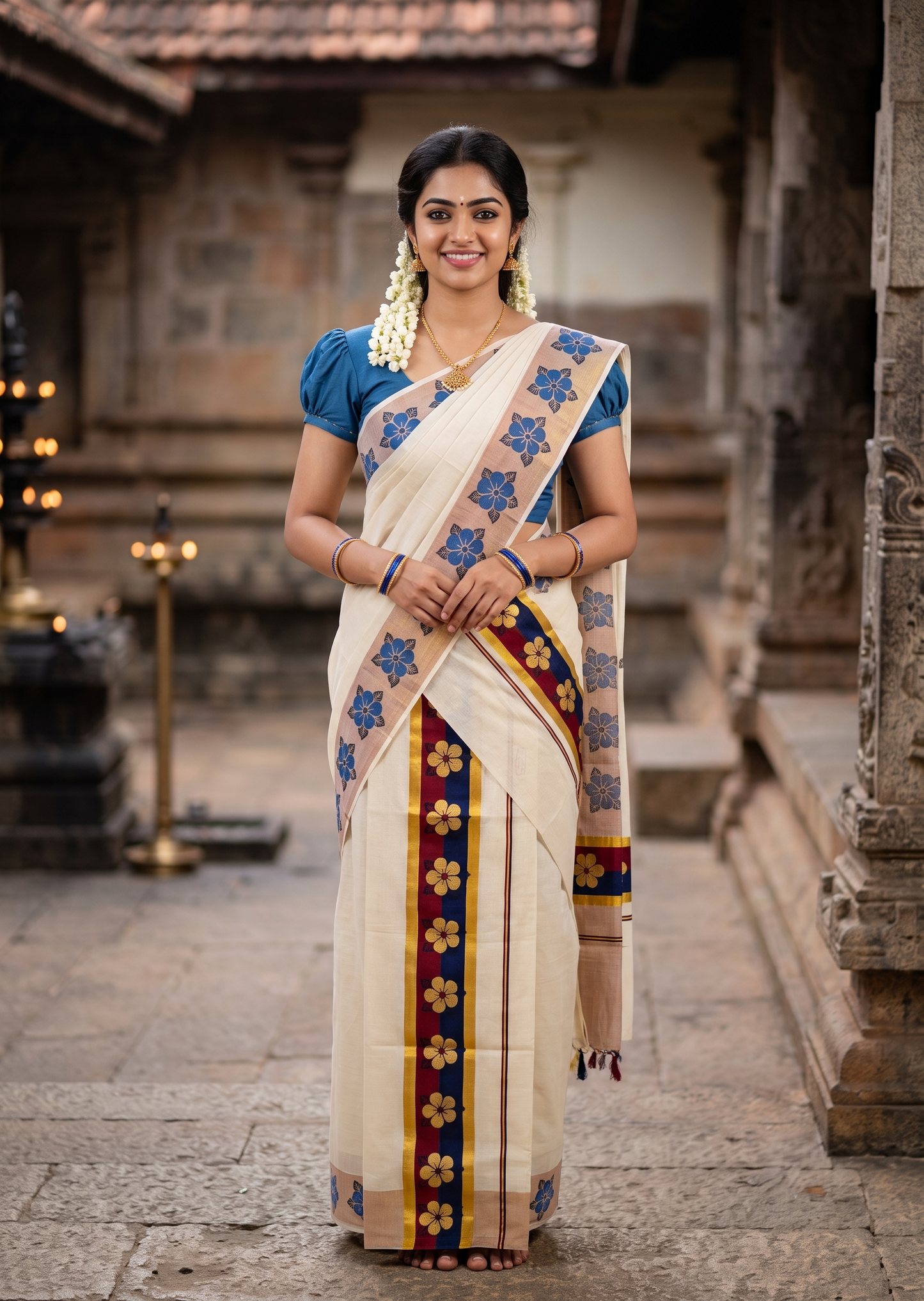 Kerala Pure Tissue Set Mundu Single (Mundum Neriyathum) with Floral Prints on Gold Kasavu Border in 2.80 Mtrs SL569