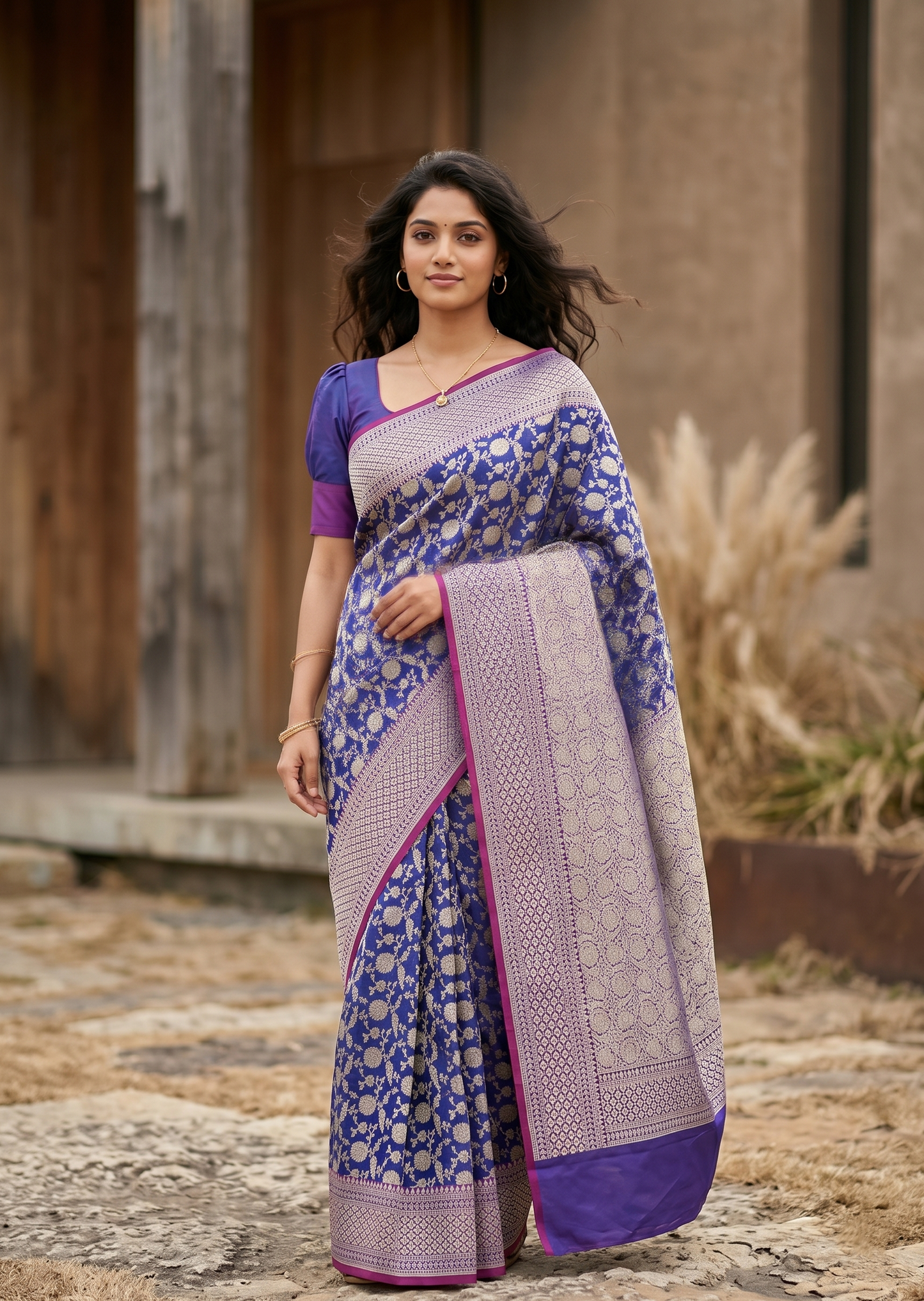 Southloom Pure Banarasi Silk Saree with Woven Work on Body and Borders (Blue And Magenta)