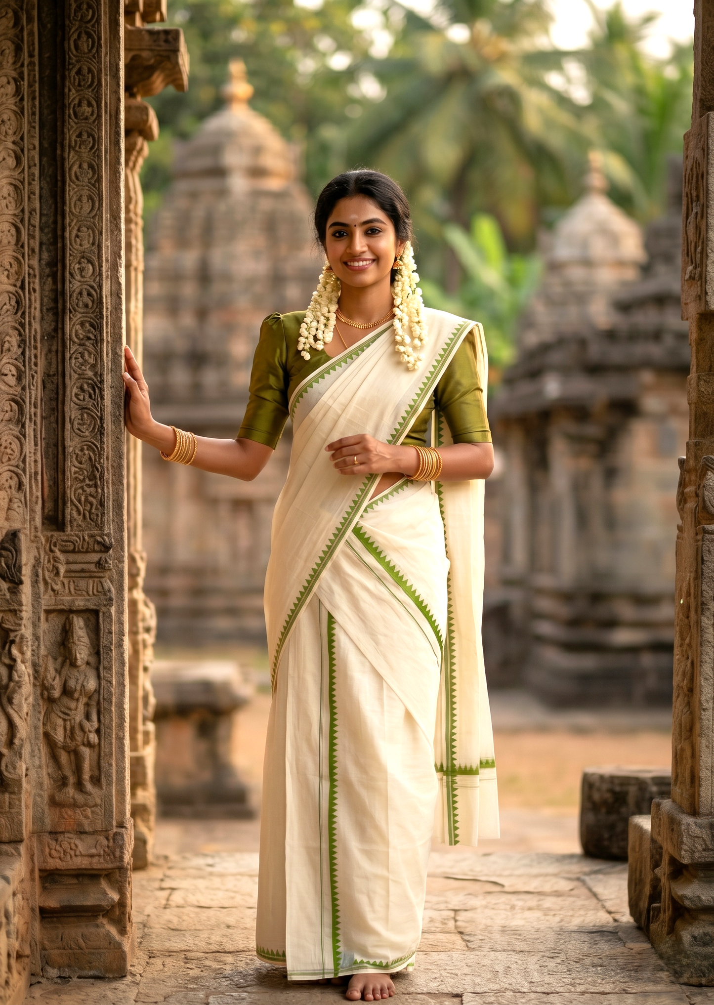 Southloom Pure Cotton Kerala Single Set Mundu (Mundum Neriyathum) with Temple Design in Olive Green 2.80 Mtrs SL360