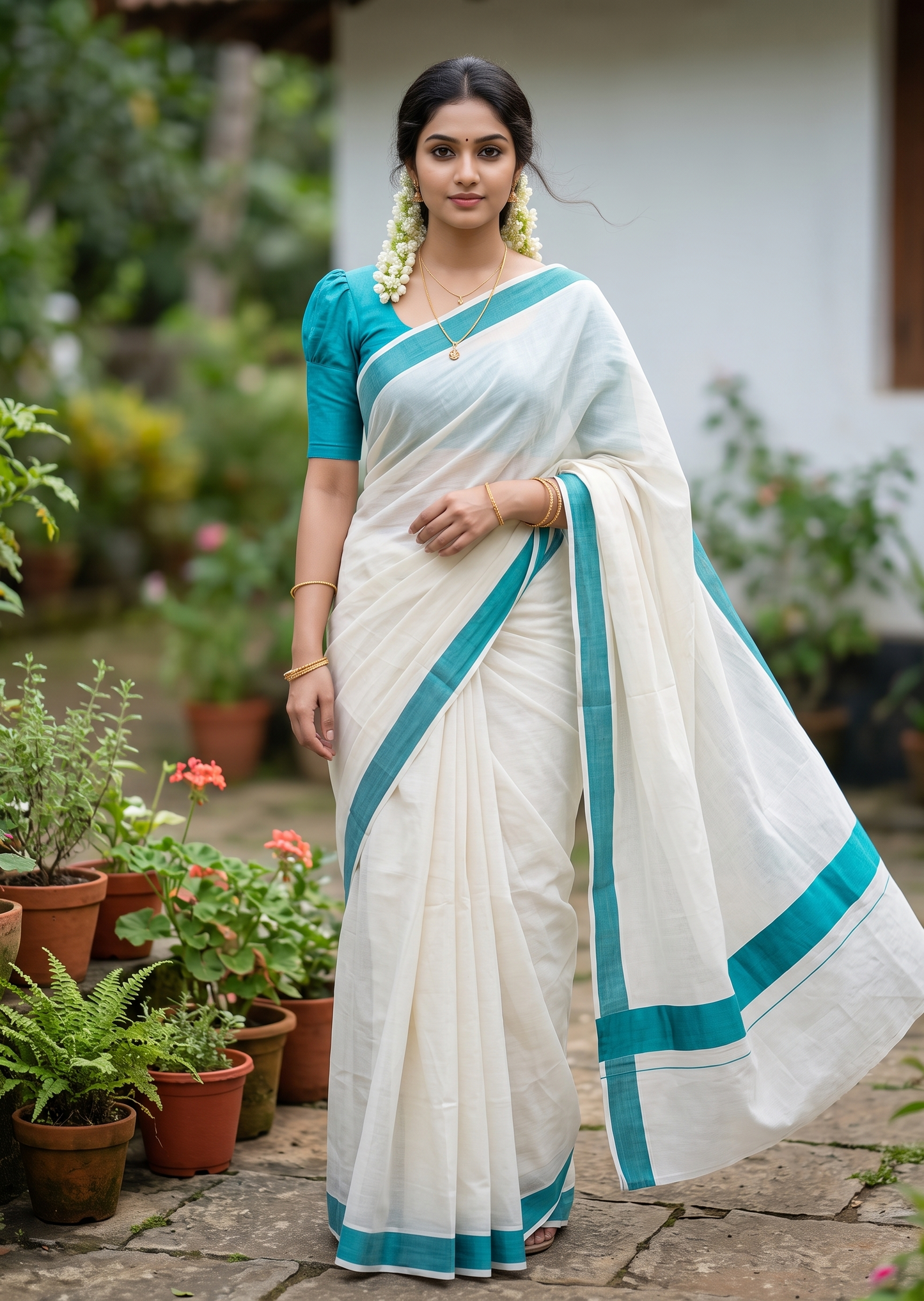 Southloom Pure Cotton Kerala Saree with Turquoise Plain Border