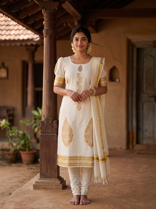 Southloom™ Cotton Churidar Salwar Suit UnStiched Material with Woven Work (include Lines Shawl / Dupatta) SL566