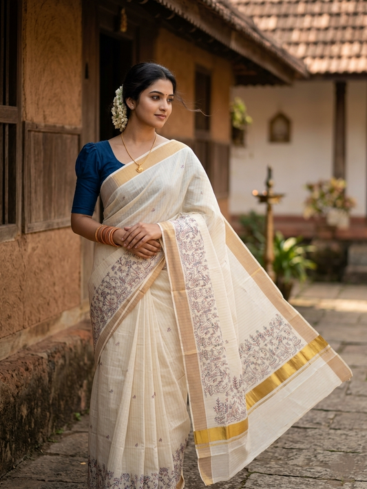 Southloom Cotton Kerala Kasavu Lines Saree with Kantha Embroidery Work on Body SL322