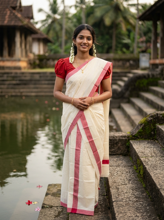 Southloom Pure Cotton Kerala Single Mulloth Set Mundu (Mundum Neriyathum) Red Border in 2.50 mtrs SL243