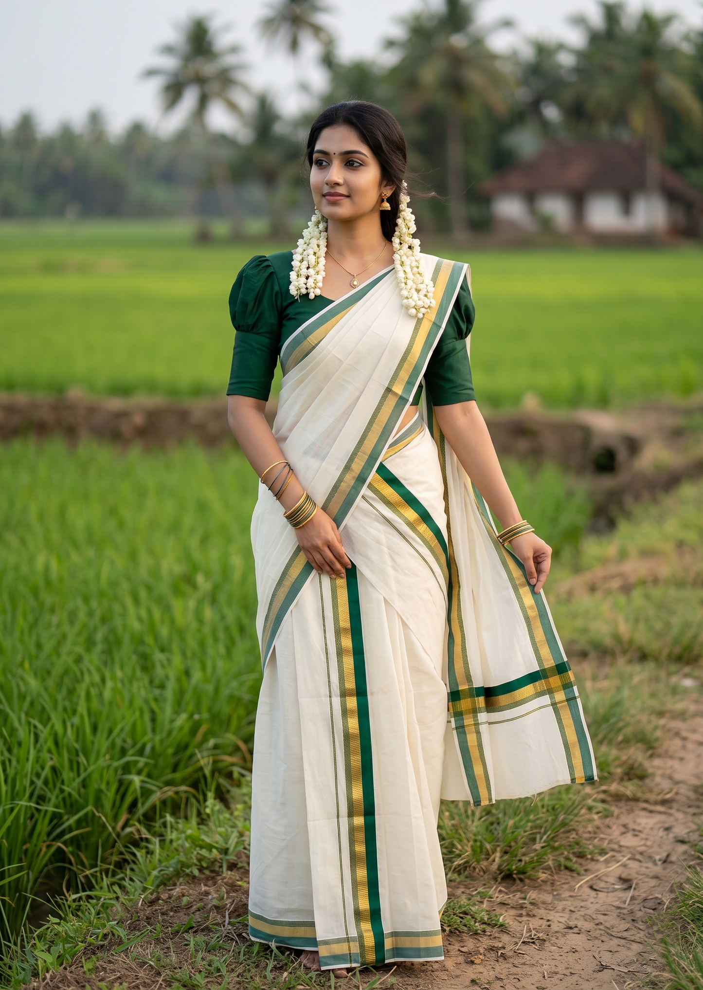 Southloom Pure Cotton Kerala Single Set Mundu (Mundum Neriyathum) with Green and Kasavu Border 2.80 Mtrs SLKK
