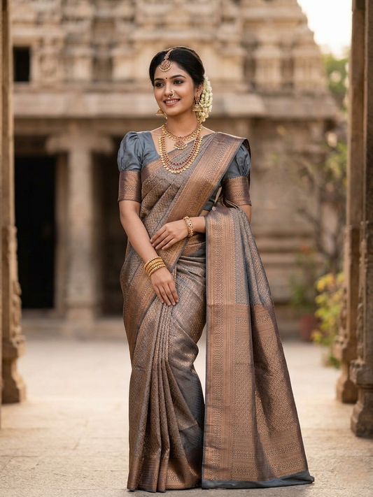 Southloom Premium Semi Silk Zari Work Bridal Brocade Saree in Grey with Matching Pallu