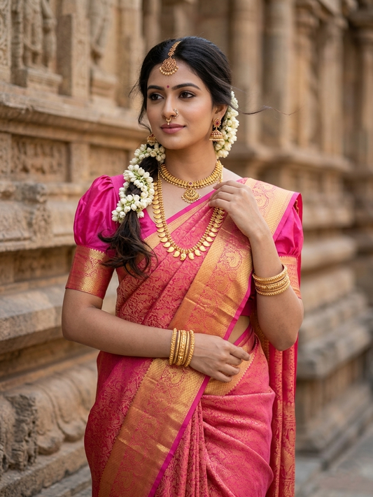 Southloom Pure Handloom Bridal Kanchipuram Silk Saree with Korvai Work