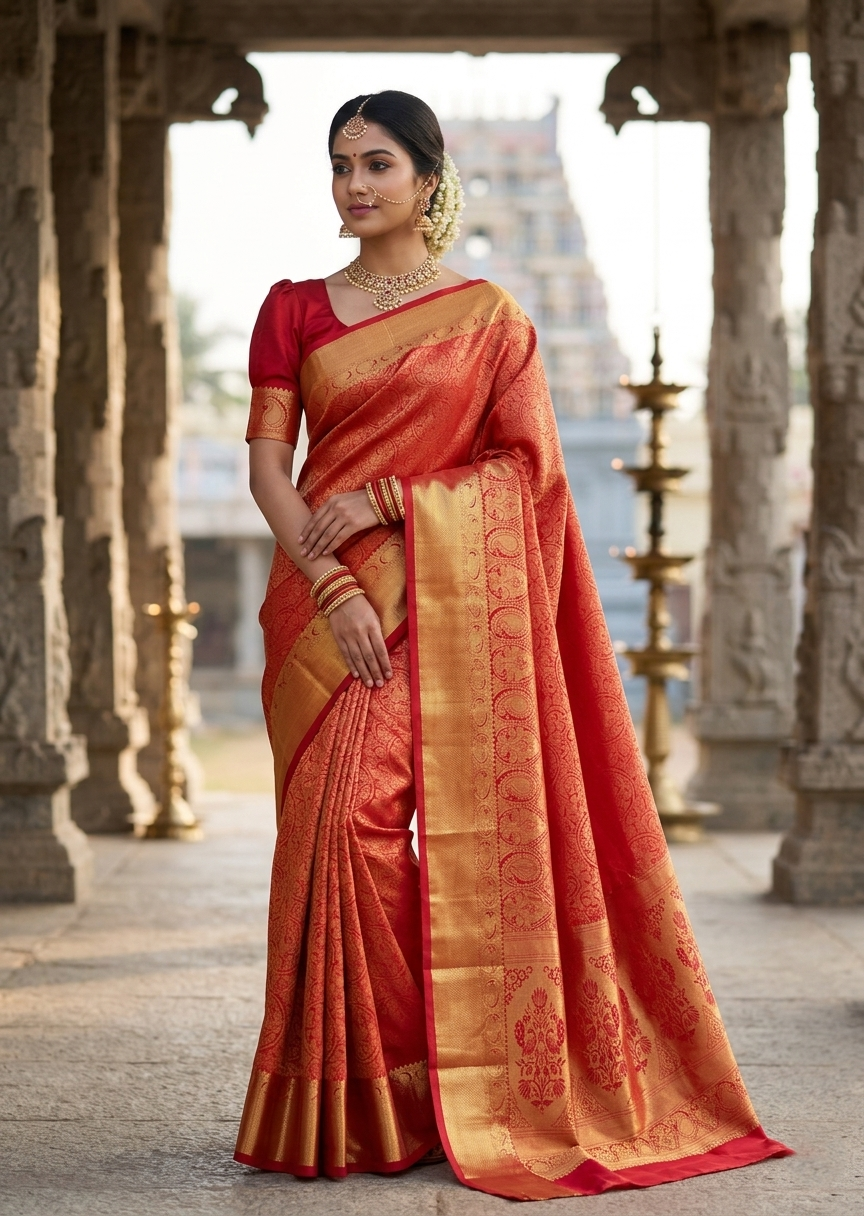 Southloom Pure Handloom Bridal Kanchipuram Silk Saree with Korvai Work (Red)