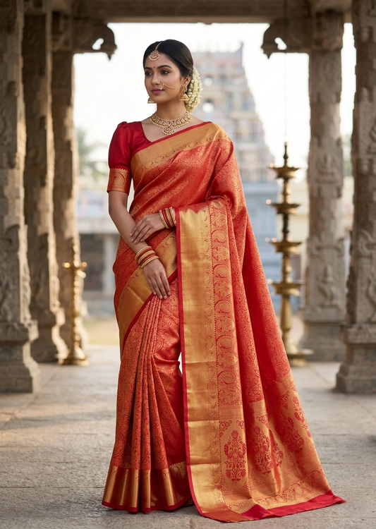 Southloom Pure Handloom Bridal Kanchipuram Silk Saree with Korvai Work (Red)