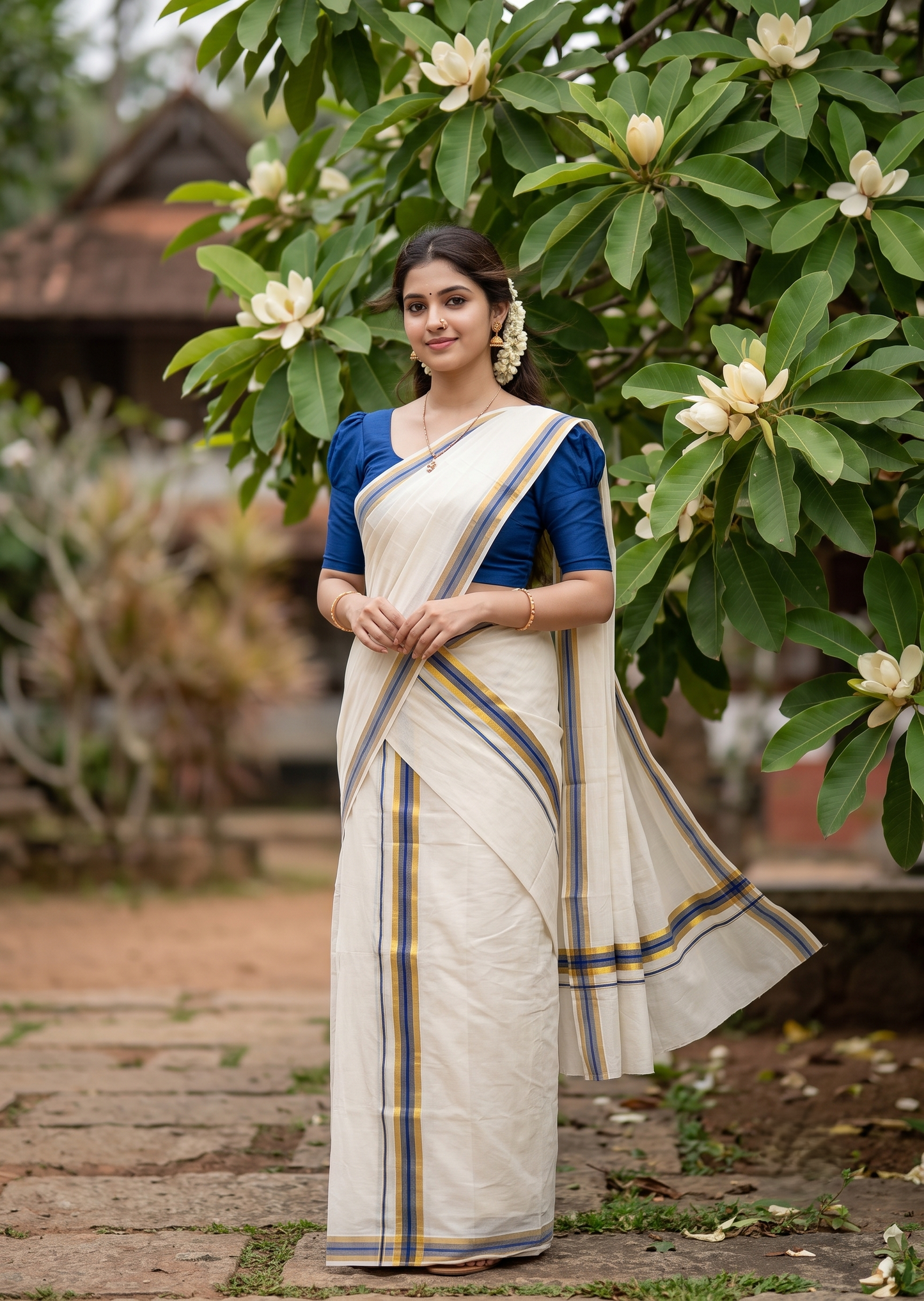 Southloom Pure Cotton Kerala Single Set Mundu (Mundum Neriyathum) with Blue Kasavu Border 2.80 Mtrs SLKK SL523