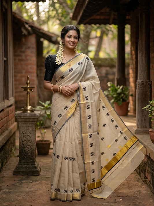 Kerala Tissue Kasavu Saree with Golden And Black Elephant Design
