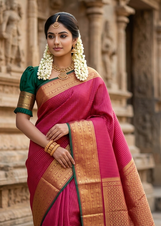 Southloom Pure Handloom Bridal Kanchipuram Silk Saree with Korvai Work (Maroon)