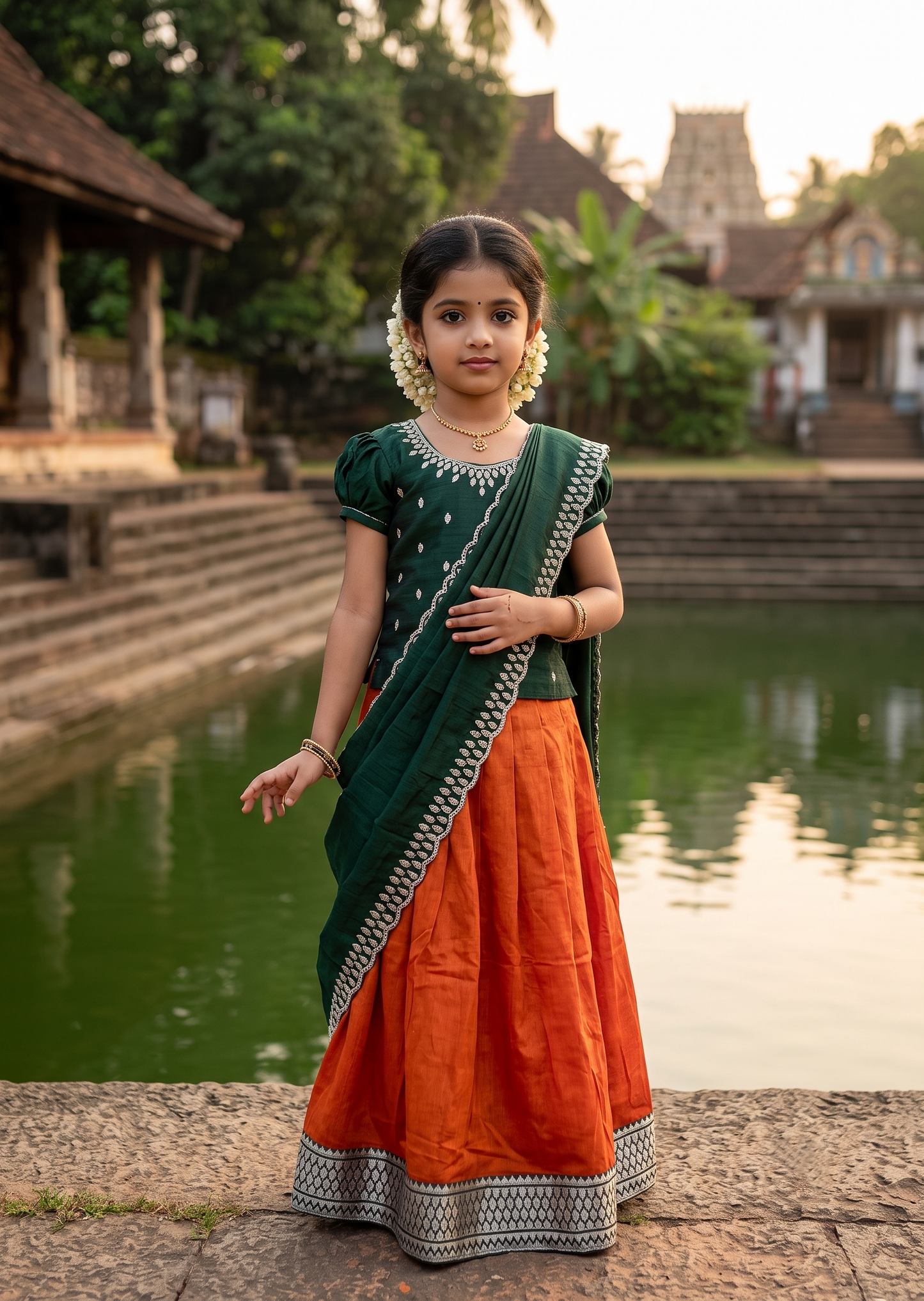 Southloom Georgette Kids Dhavani Set in Orange and Green SLKDHAVANI