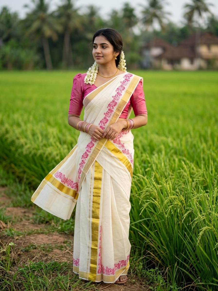 Southloom Pure Cotton Kerala Single Floral Print Set Mundu (Mundum Neriyathum) Pink Border in 2.80 mtrs SL245