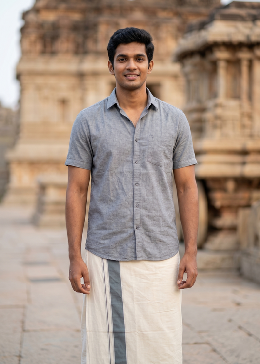 Southloom Kerala Pure Cotton Double Mundu with Grey Border (South Indian Kerala Dhoti)