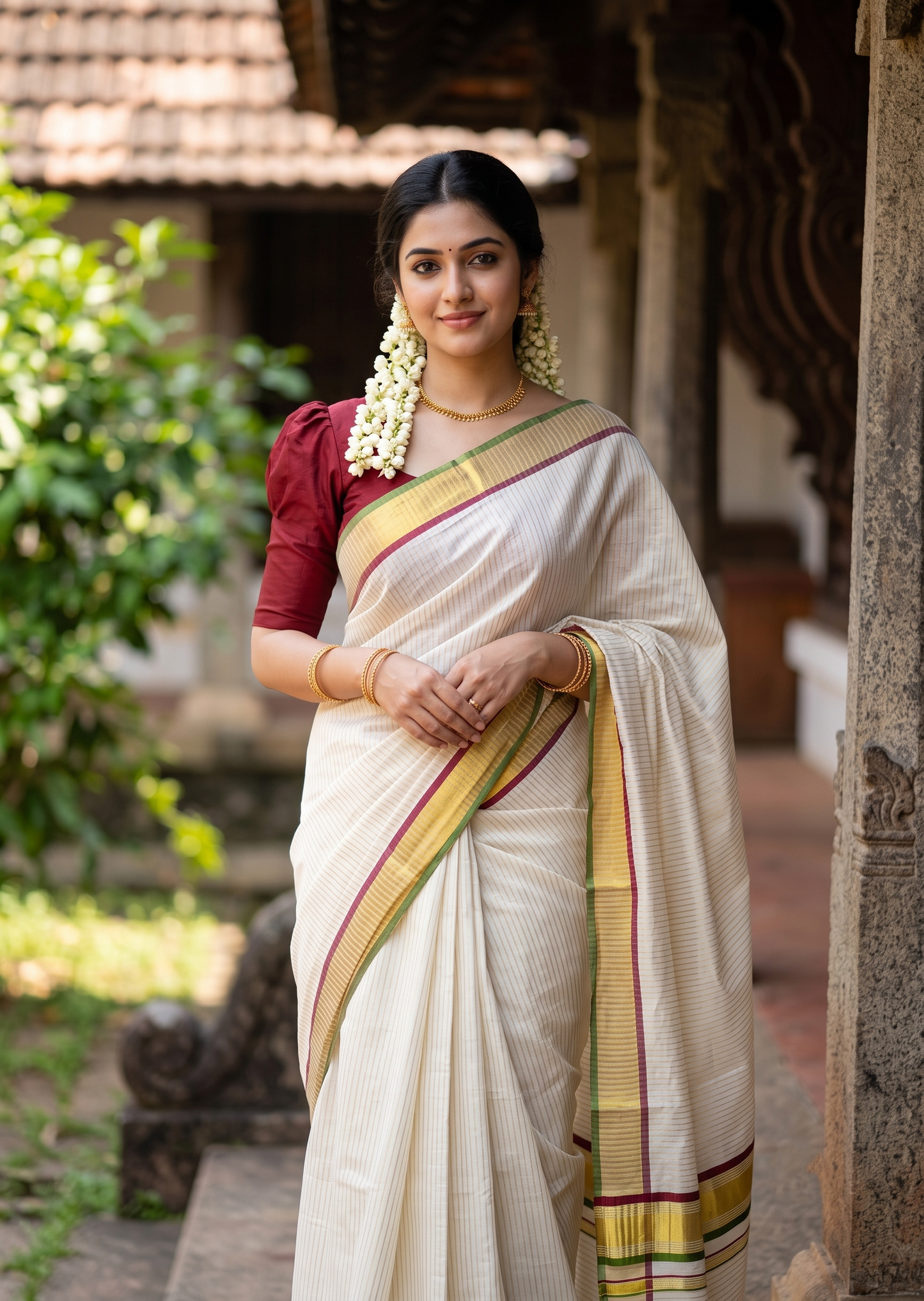 Southloom Kerala Cotton Kasavu Saree with Stripes on Body in Maroon and Olive Green SL528