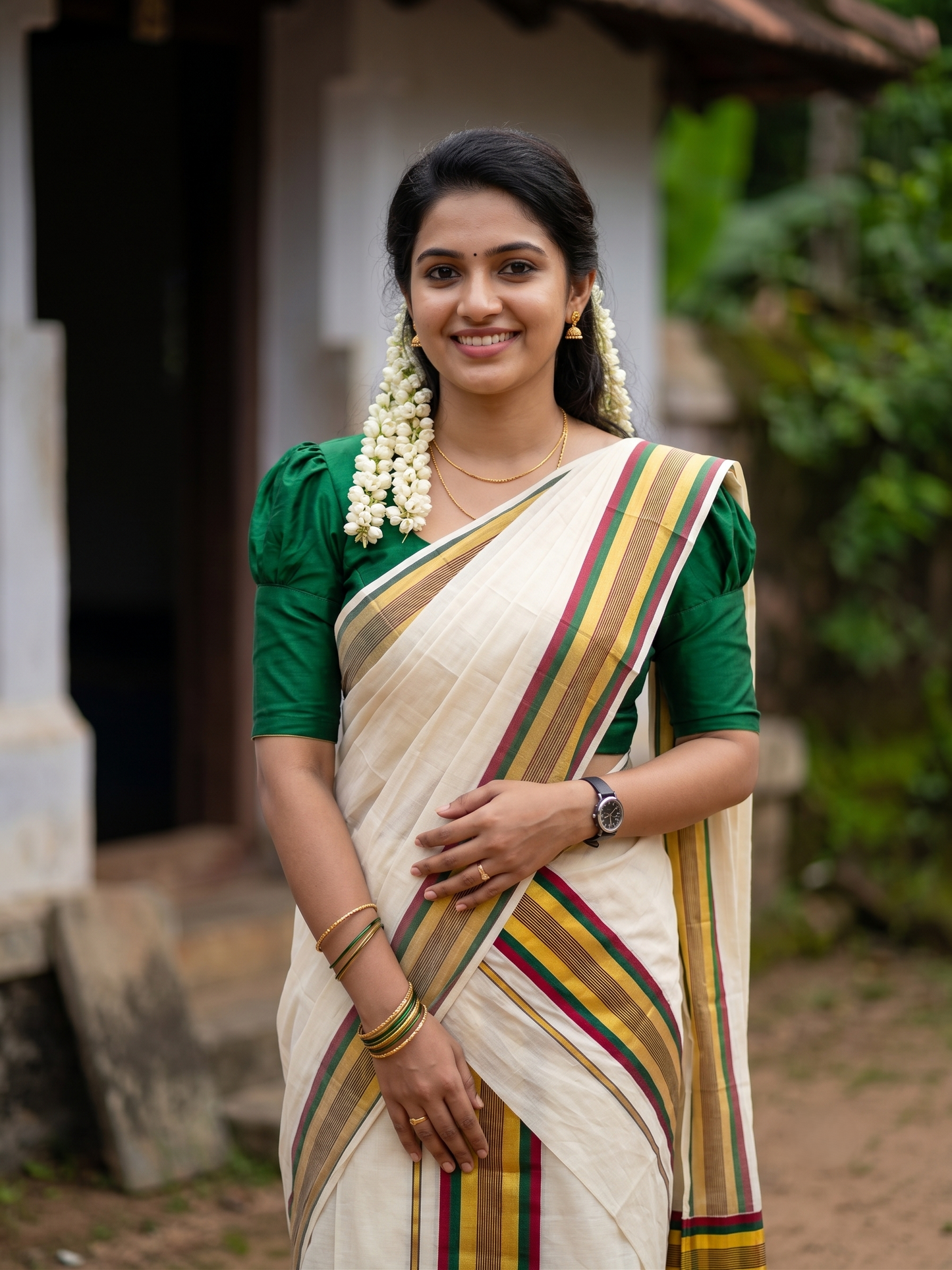 Southloom Kerala Cotton Kasavu Single Set Mundu (Mundum Neriyathum) with Maroon and Green Border SLKK SL526