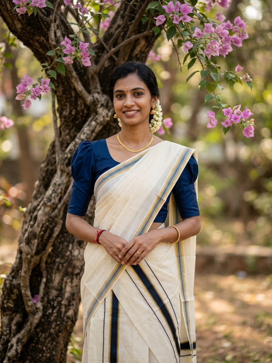Kerala Cotton Set Mundu (Mundum Neriyathum) with Kasavu and Blue Border in 2.80 Mtrs