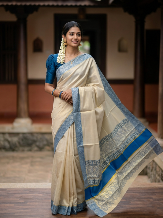 Southloom Tissue Kerala Kasavu Saree with Block Print on Body and Borders in Blue