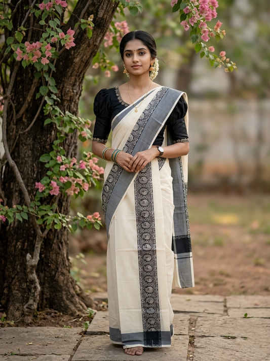 Kerala Cotton Single Set Mundu (Mundum Neriyathum) with Black Block print Border 2.80Mtrs SL329