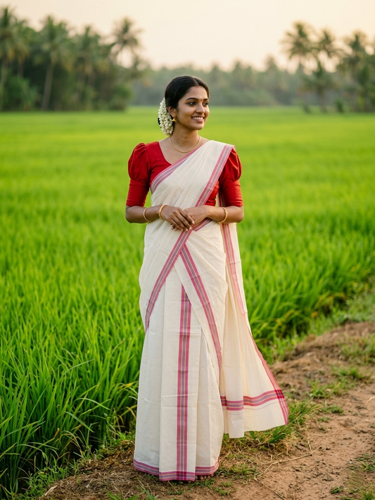 Southloom Pure Cotton Kerala Single Mulloth Set Mundu (Mundum Neriyathum) Red & Blue Border 2.50 Mtrs SL243