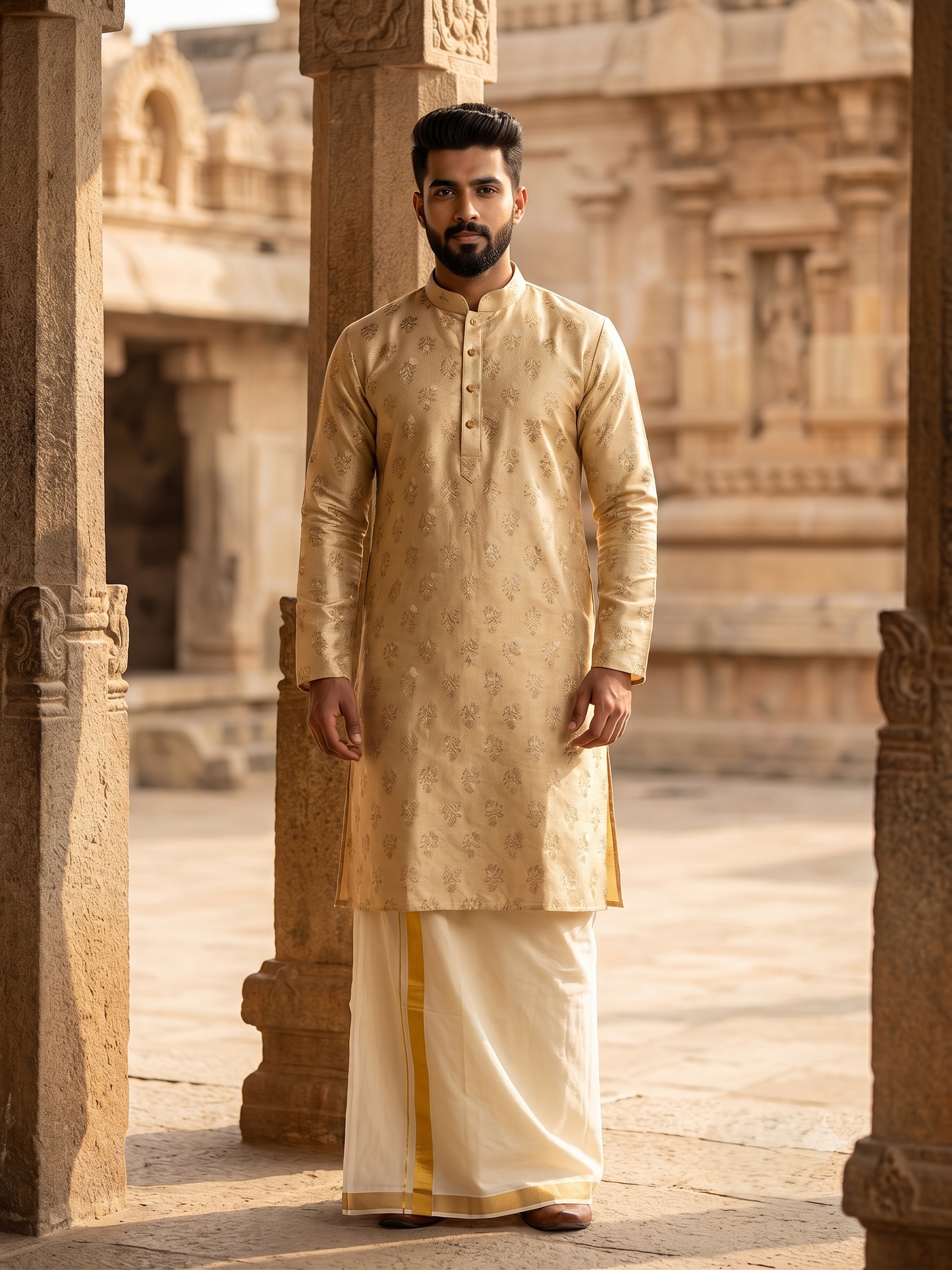 Southloom Biege Woven Patterns Semi Silk Long Kurta for Men SL591