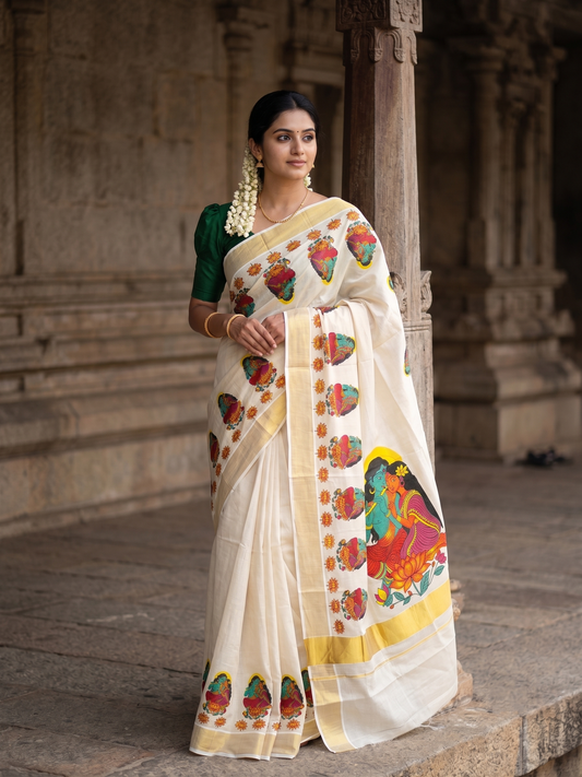 Southloom Kerala Tissue Kasavu Saree with Krishna Radha Mural Printed Design