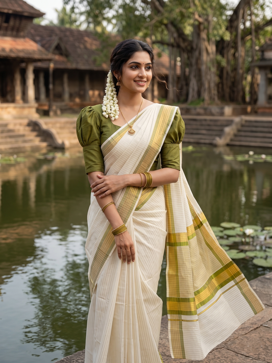 Southloom Kerala Pure Cotton Saree with Stripes on Body and Borders in Olive Green SL334